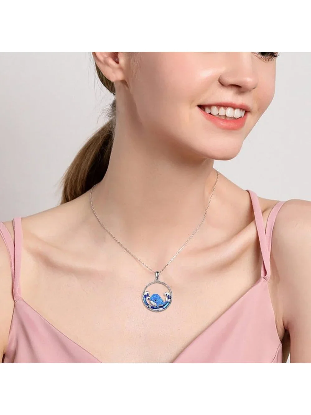 Women's Blue Silver Mountain and Sea Wave Natural Item Jewelry Necklace